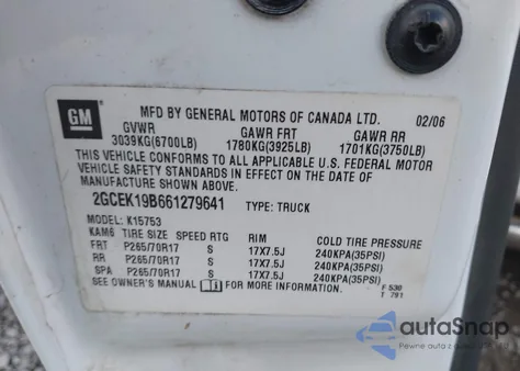 2006 Chevrolet Silverado 1500 Lt3 из США, поврежденный, VIN 2GCEK19B661279641